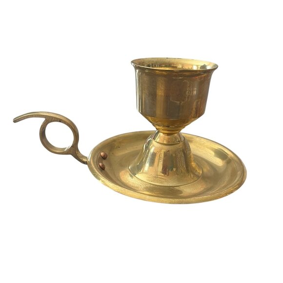 Vintage Solid Brass Chamber Candlestick Holder Tapers Finger Loop Made in India - Picture 1 of 9